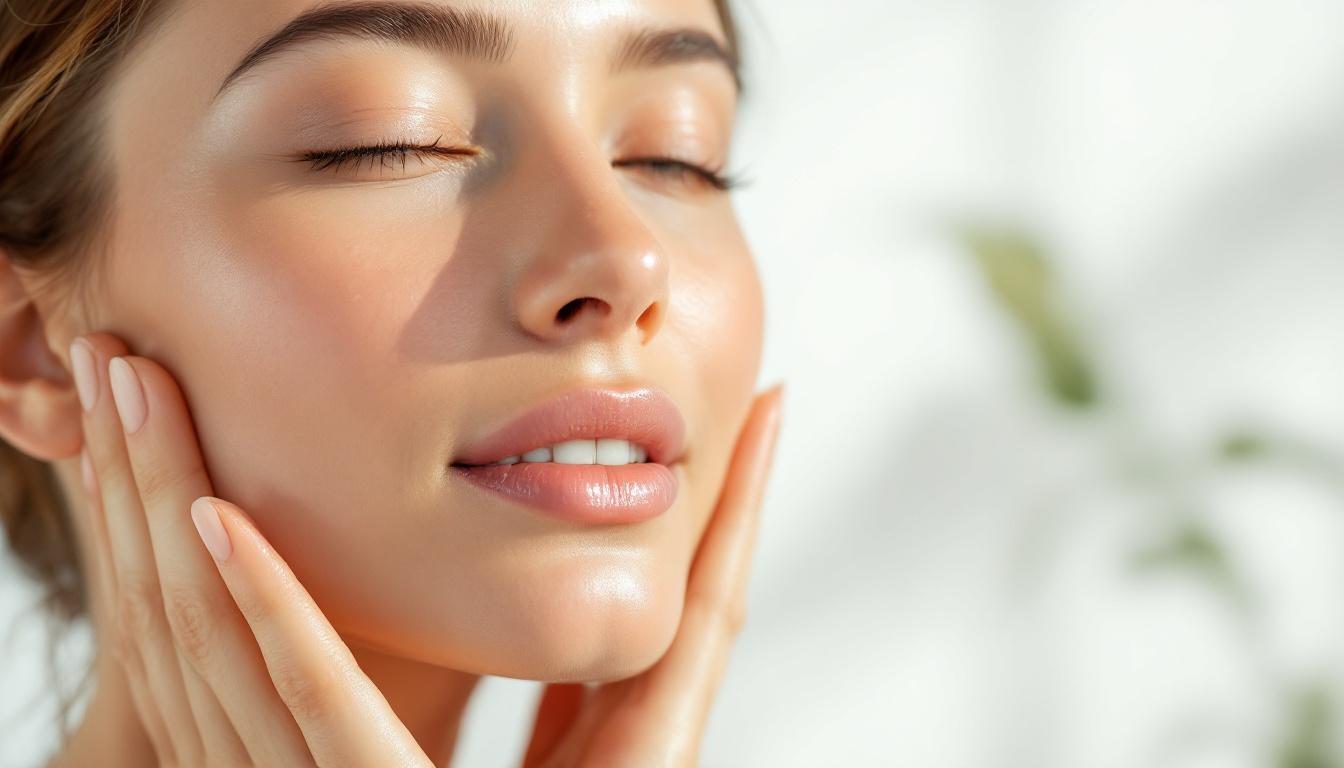 A photograph of a close-up of a model with healthy