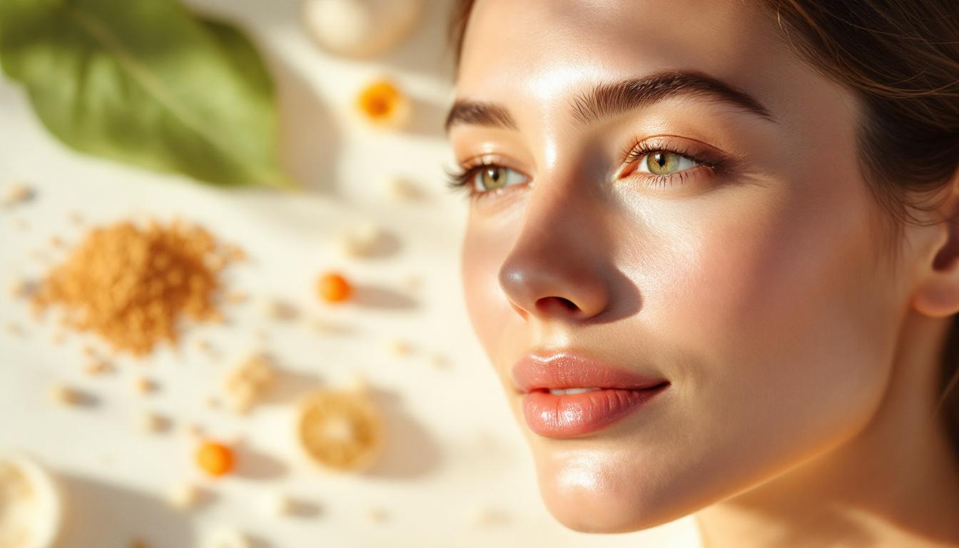 A photograph of a close-up of a woman's radiant face showcasing smooth